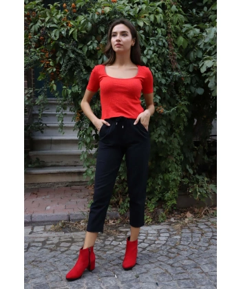 Geniş Yaka Triko Bluz - KIRMIZI