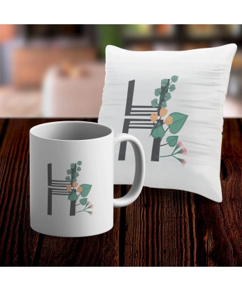 H Harfi Tasarımlı Kupa ve Yastık Kılıfı Hediye Seti