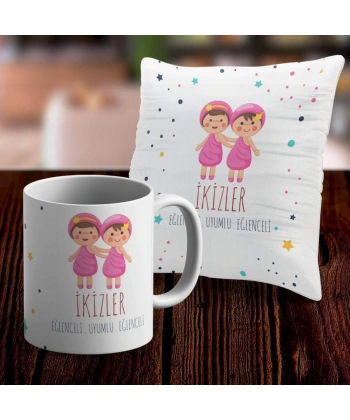 İkizler Tasarımlı Sevimli Kupa ve Yastık Kılıfı Seti