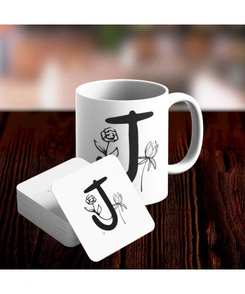 J Harfi Tasarımlı Kupa ve Bardak Altlığı Seti