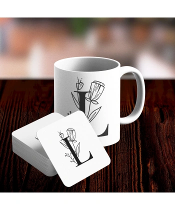 L Harfi Tasarımlı Kupa ve Bardak Altlığı Seti