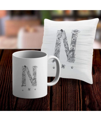 N Harfi Tasarımlı Kupa ve Yastık Kılıfı Hediye Seti
