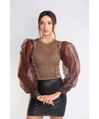 Organze Balon Kol Bluz-KAHVERENGİ