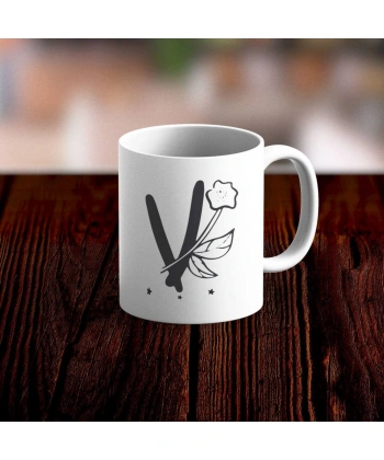 Özel Tasarım V Harfi Beyaz Kupa Bardak