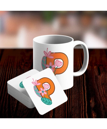 P Harfi Tasarımlı Kupa ve Bardak Altlığı Seti