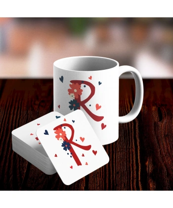 R Harfi Tasarımlı Kupa ve Bardak Altlığı Seti