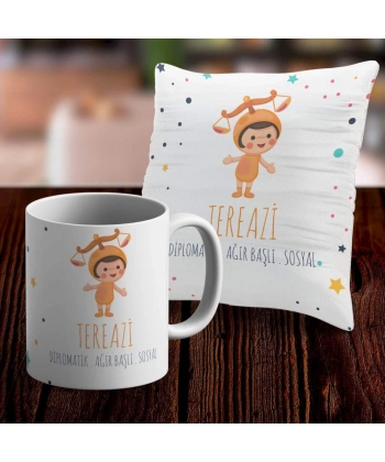 Terazi Tasarımlı Sevimli Kupa ve Yastık Kılıfı Seti