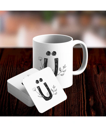 Ü Harfi Tasarımlı Kupa ve Bardak Altlığı Seti