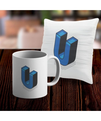 U Harfi Tasarımlı Kupa ve Yastık Kılıfı Hediye Seti