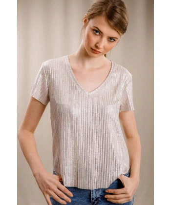 V Yaka Tasarım T-shirt-KREM