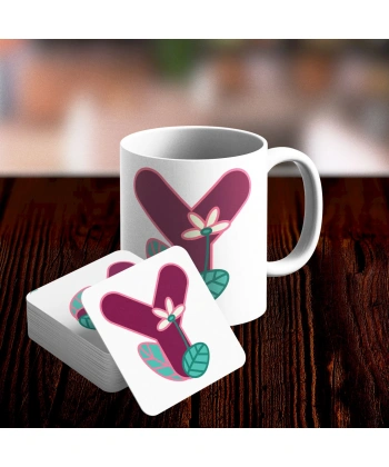 Y Harfi Tasarımlı Kupa ve Bardak Altlığı Seti