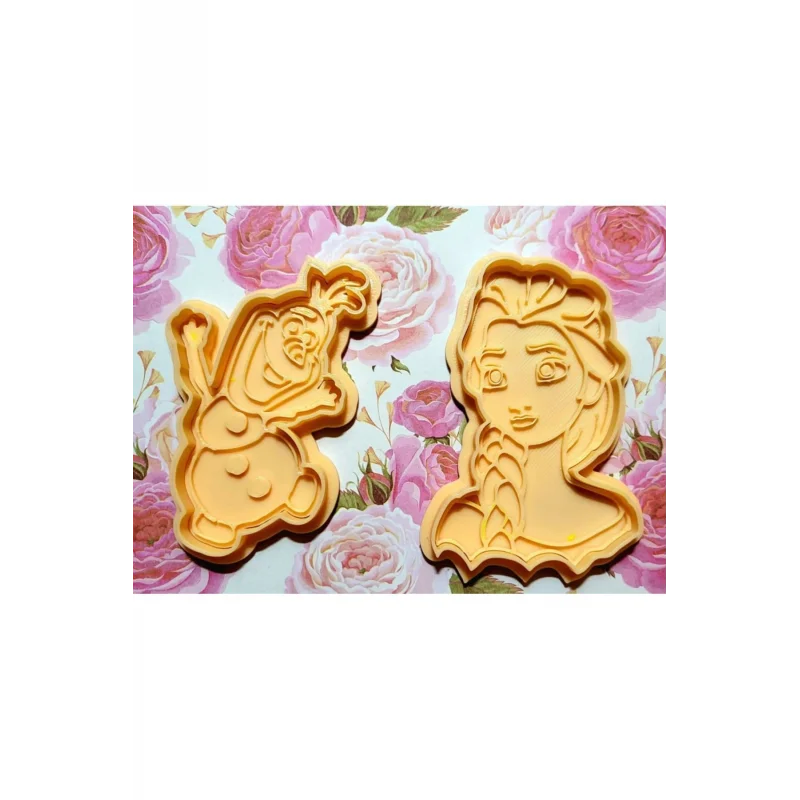 Frozen Elsa Olaf Kurabiye Kalıbı ve Baskısı Set, 2 Parçalı Kurabiye Kesici, Hamur Şekillendirici