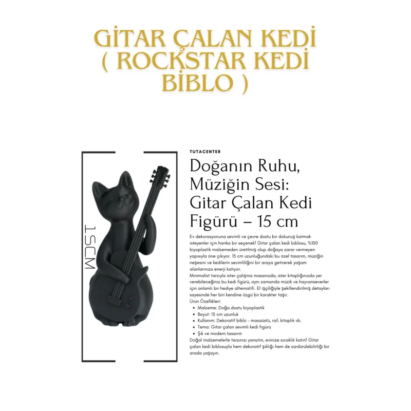 Gitar Çalan Kedi Biblo Modern Biblo 15CM Plastik ( Rockstar Kedi Biblo )