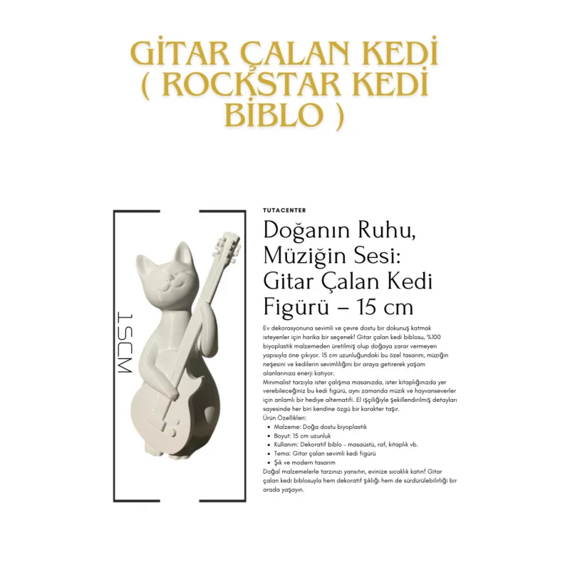 Gitar Çalan Kedi Biblo Modern Biblo 15CM Plastik ( Rockstar Kedi Biblo )