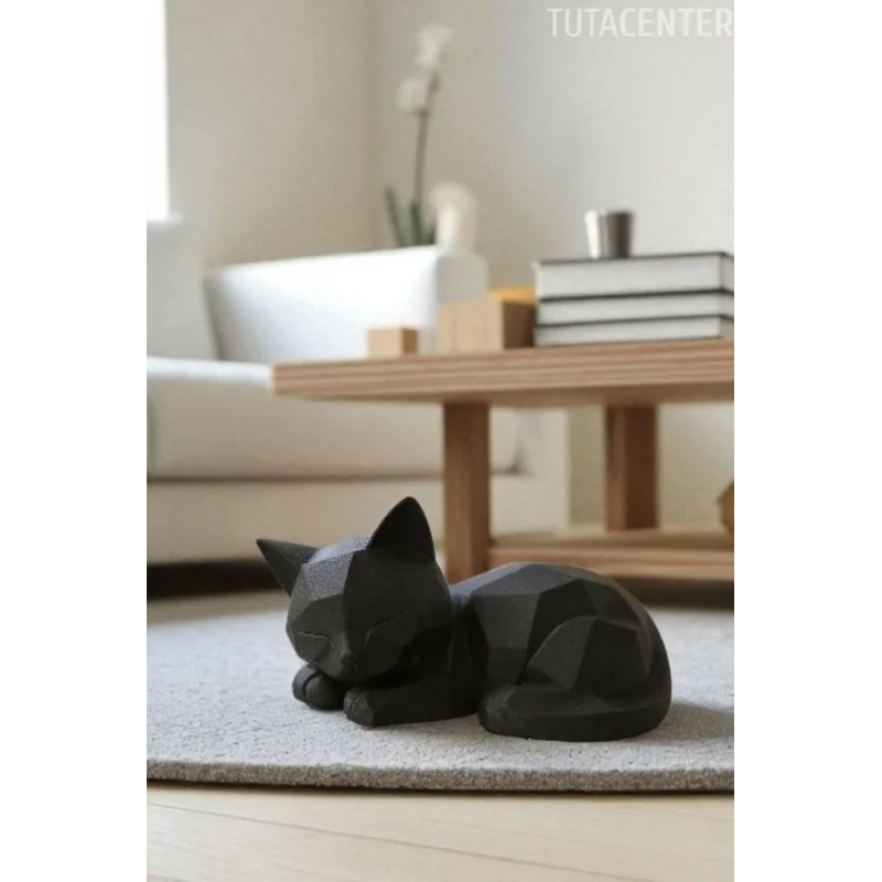 Uyuyan Sevimli Kedi Biblosu – Geometrik Tasarım, 20 cm, Dekoratif Kedi Figürü