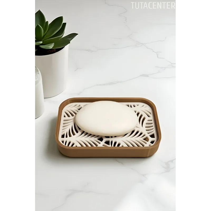 Palmiye Yaprağı Desenli Plastik Sabunluk – Açık Kahverengi Beyaz Renkli, Şık Banyo Aksesuarı