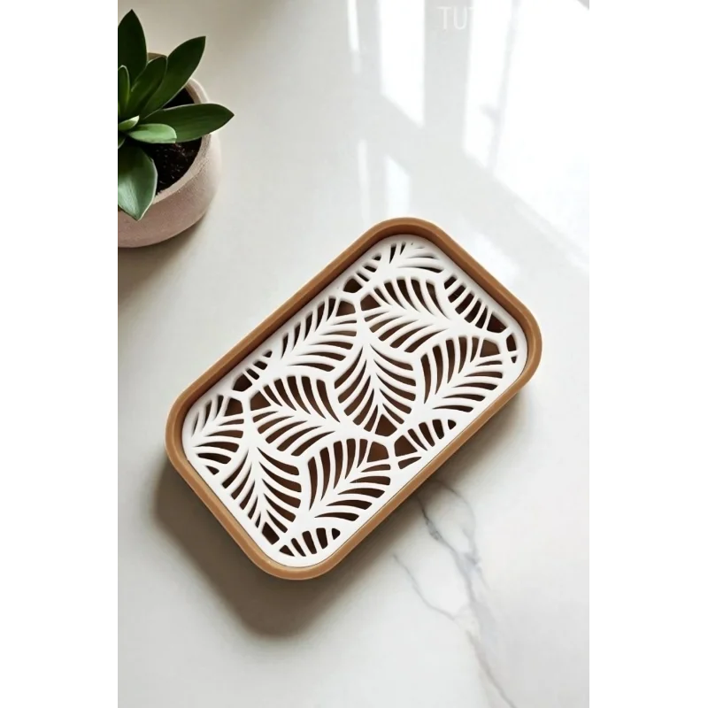 Palmiye Yaprağı Desenli Plastik Sabunluk – Açık Kahverengi Beyaz Renkli, Şık Banyo Aksesuarı