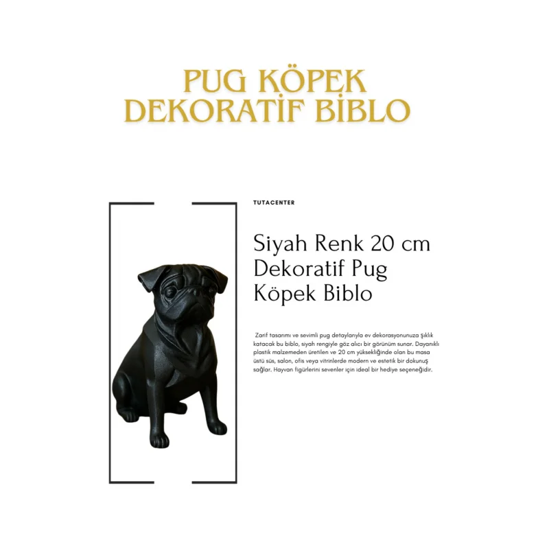 Pug Köpek Dekoratif Biblo - (Siyah Renk) 20CM - PLASTİK Premium Biblo Modeli