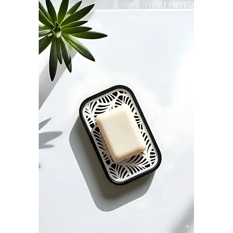 Palmiye Yaprağı Desenli Plastik Sabunluk – Siyah Beyaz Renkli, Şık Banyo Aksesuarı