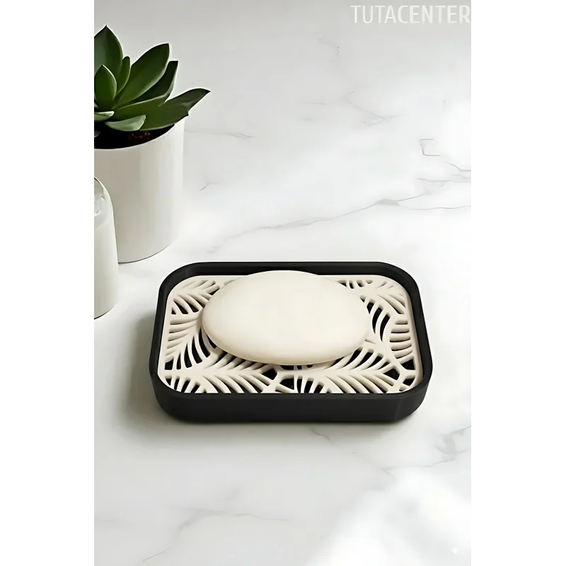 Palmiye Yaprağı Desenli Plastik Sabunluk – Siyah Beyaz Renkli, Şık Banyo Aksesuarı