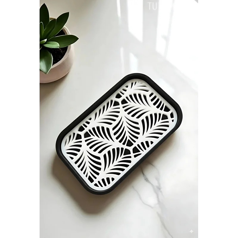 Palmiye Yaprağı Desenli Plastik Sabunluk – Siyah Beyaz Renkli, Şık Banyo Aksesuarı