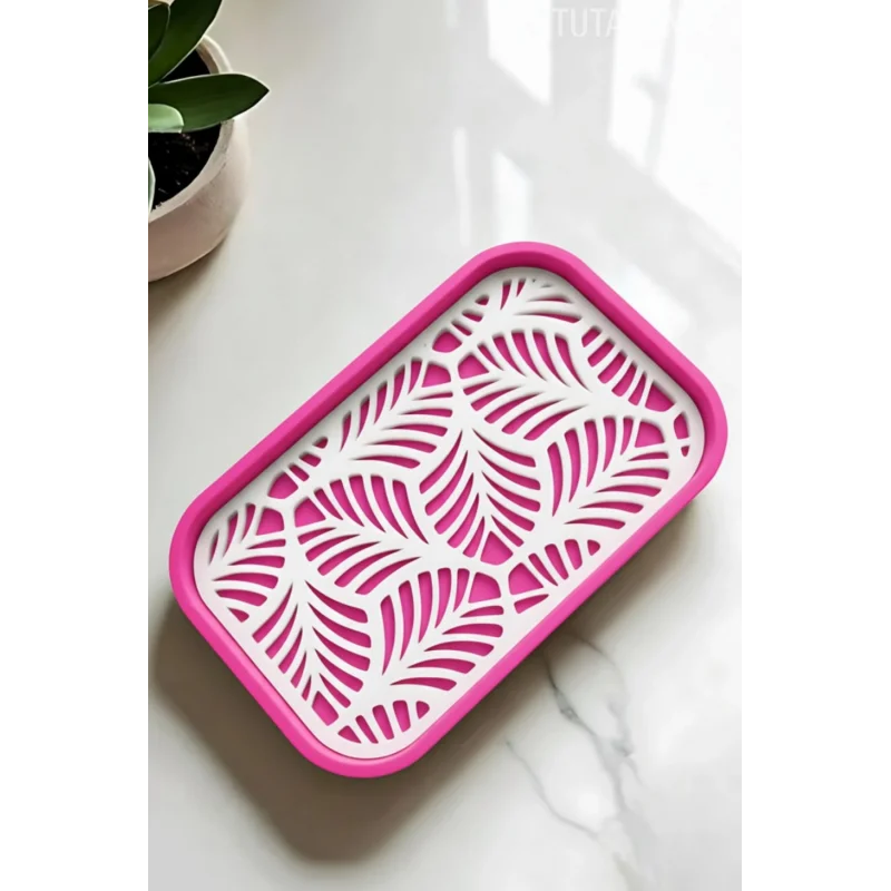 Palmiye Yaprağı Desenli Plastik Sabunluk – Açık Kahverengi Beyaz Renkli, Şık Banyo Aksesuarı