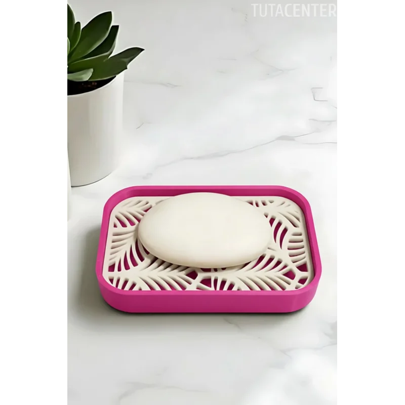 Palmiye Yaprağı Desenli Plastik Sabunluk – Açık Kahverengi Beyaz Renkli, Şık Banyo Aksesuarı