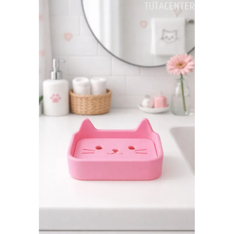 Kedi Sabunluk Standı – Su Tahliyeli, Dayanıklı Plastik Banyo Ürünü