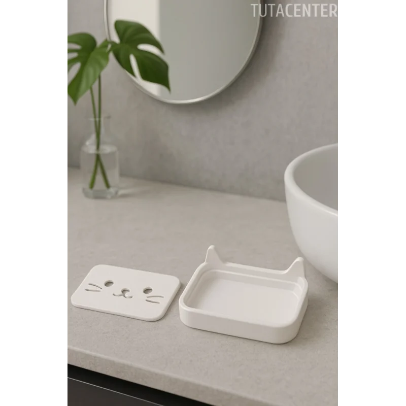 Kedi Sabunluk Standı – Su Tahliyeli, Dayanıklı Plastik Banyo Ürünü