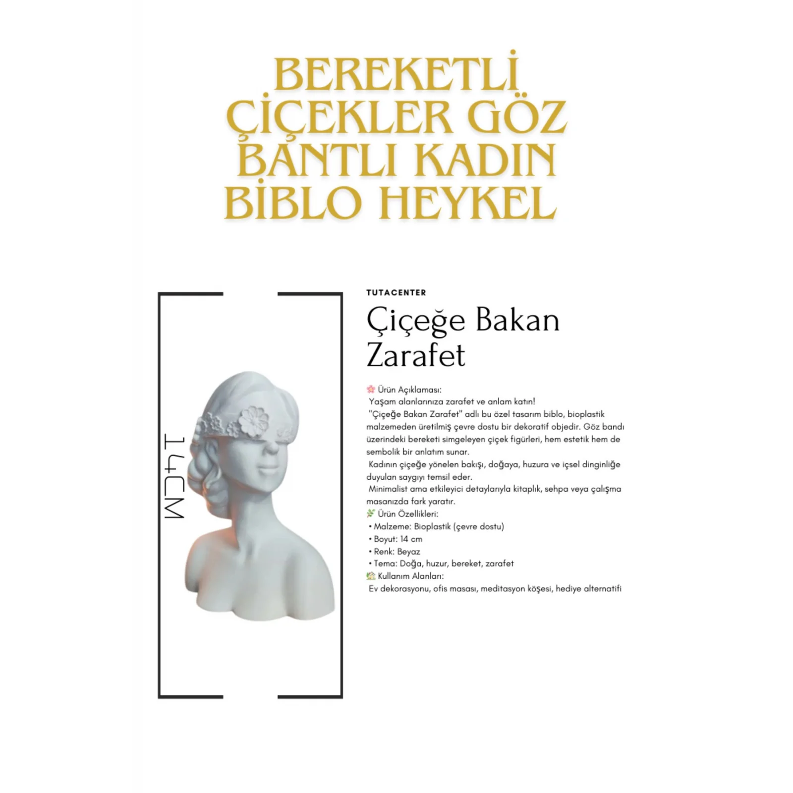 Bereketli Çiçekler Göz Bantlı Kadın Biblo Heykel – Bioplastik Ev Dekorasyonu, Zarif Biblo 14cm