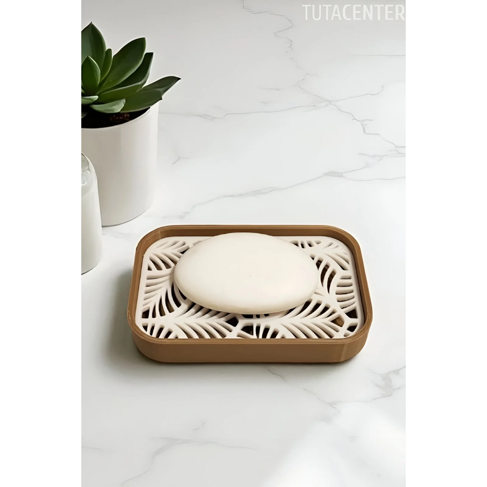 Palmiye Yaprağı Desenli Plastik Sabunluk – Açık Kahverengi Beyaz Renkli, Şık Banyo Aksesuarı