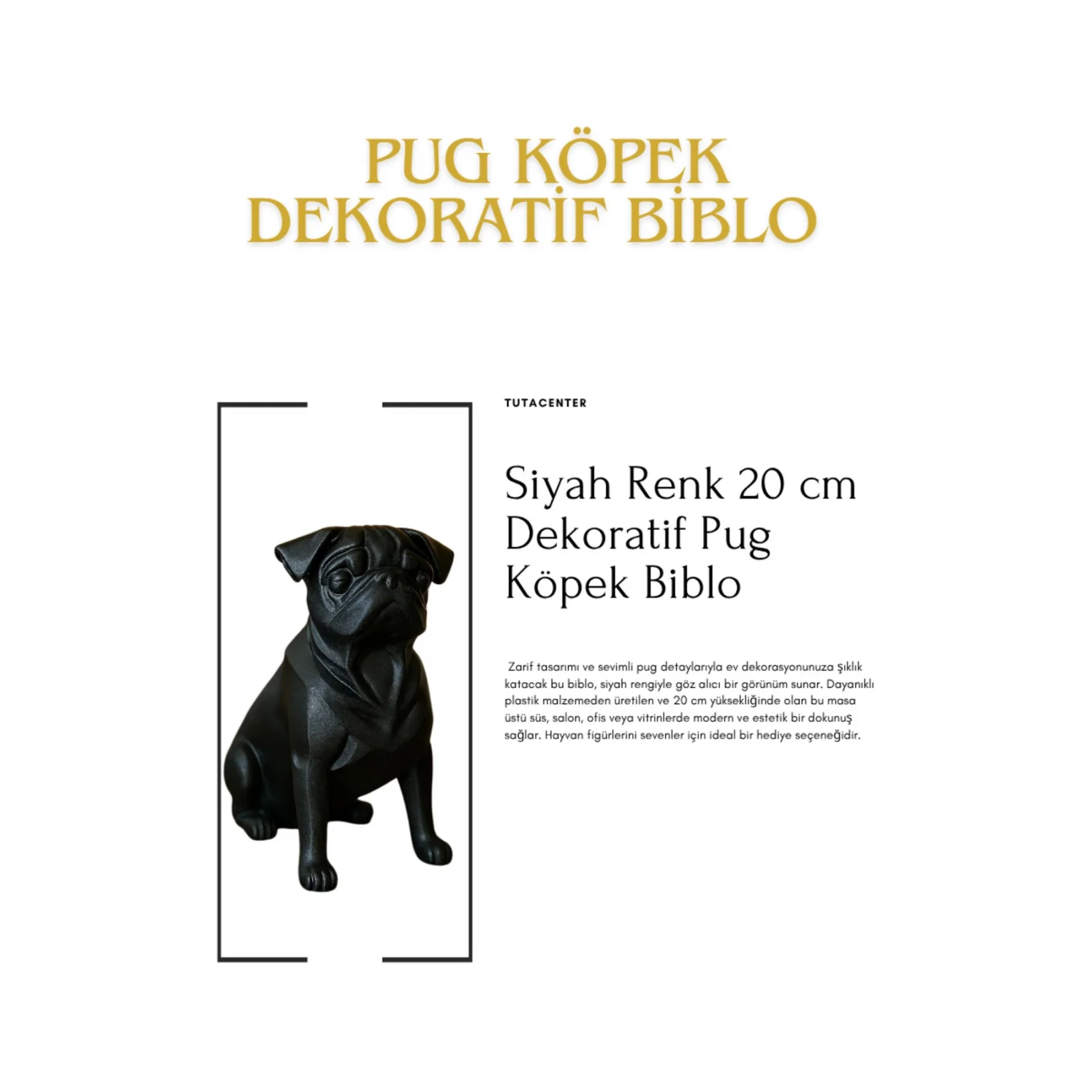 Pug Köpek Dekoratif Biblo - (Siyah Renk) 20CM - PLASTİK Premium Biblo Modeli
