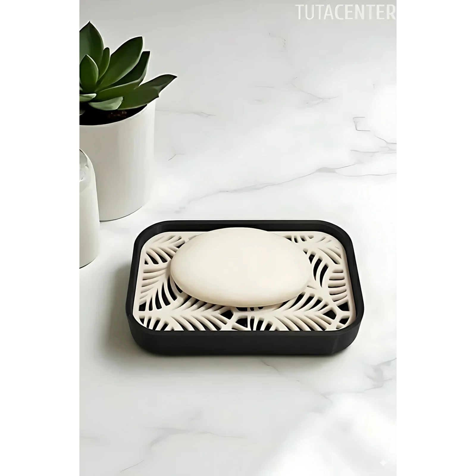 Palmiye Yaprağı Desenli Plastik Sabunluk – Siyah Beyaz Renkli, Şık Banyo Aksesuarı