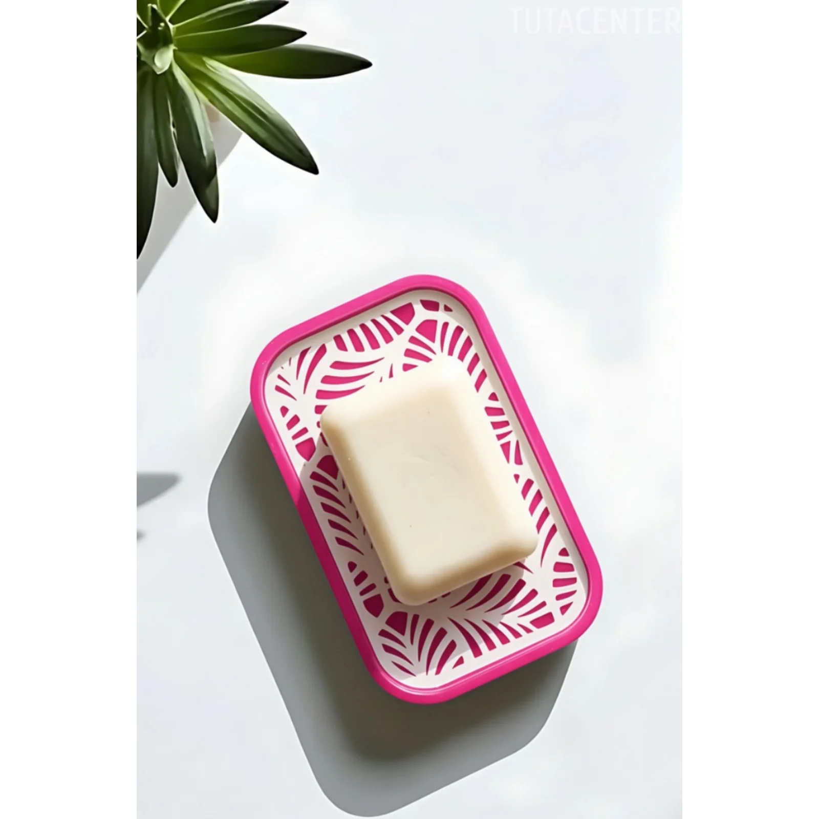 Palmiye Yaprağı Desenli Plastik Sabunluk – Açık Kahverengi Beyaz Renkli, Şık Banyo Aksesuarı