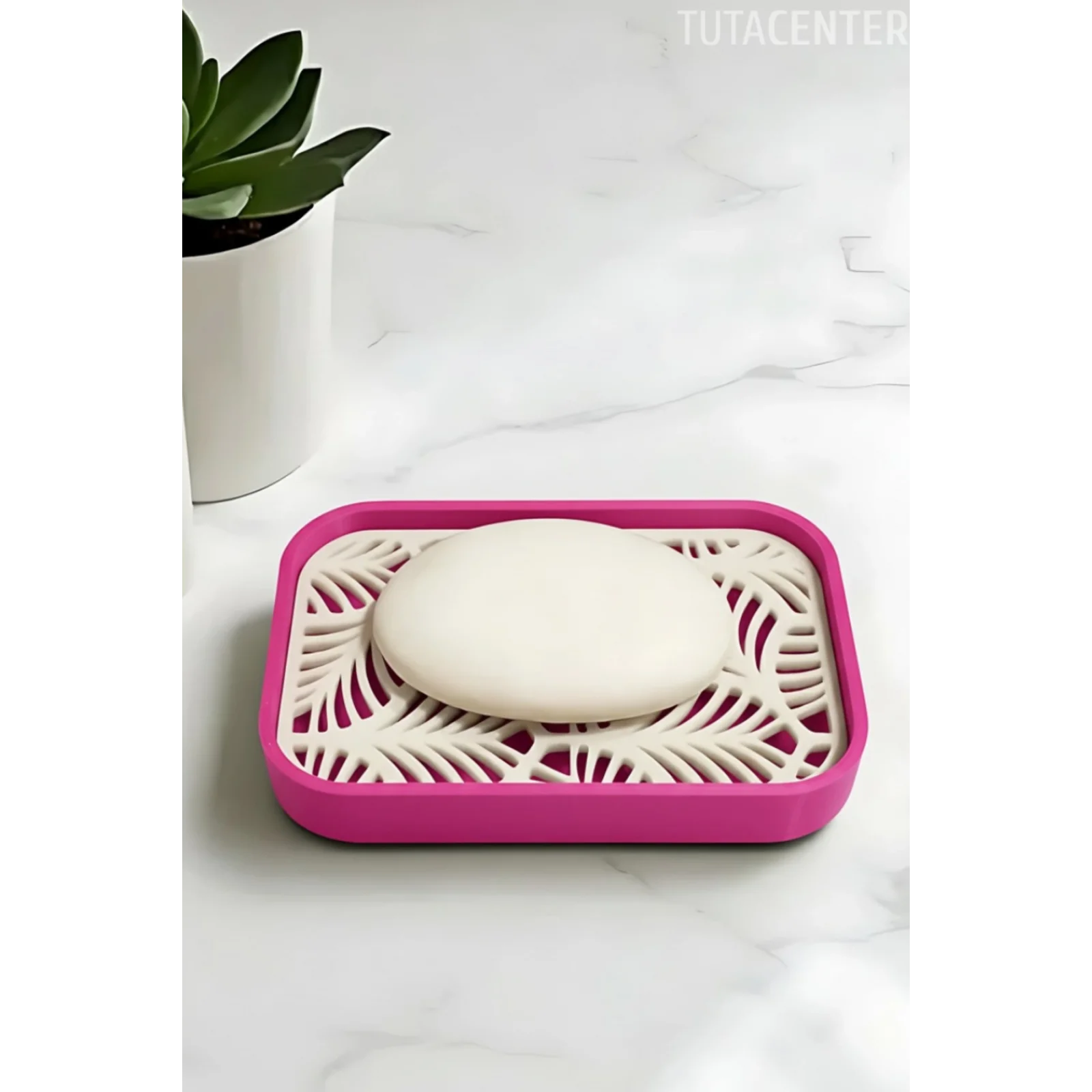 Palmiye Yaprağı Desenli Plastik Sabunluk – Açık Kahverengi Beyaz Renkli, Şık Banyo Aksesuarı