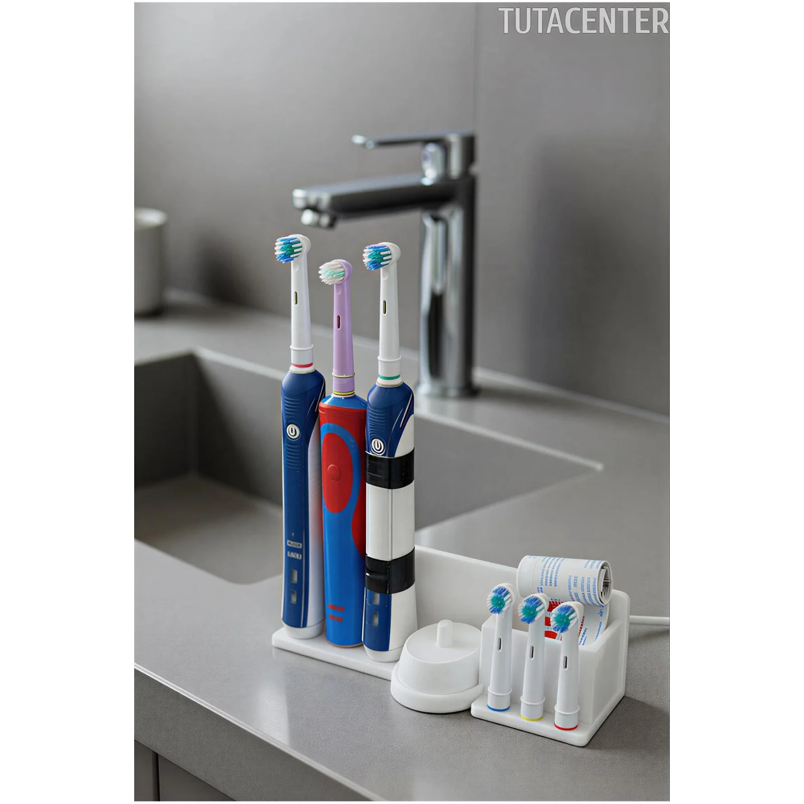 Şarjlı Diş Fırçası Tutucu Stand ( 3 Diş Fırçalık Yuvası - 3 Başlık Yuvası - Diş Macunu Yuvalı )