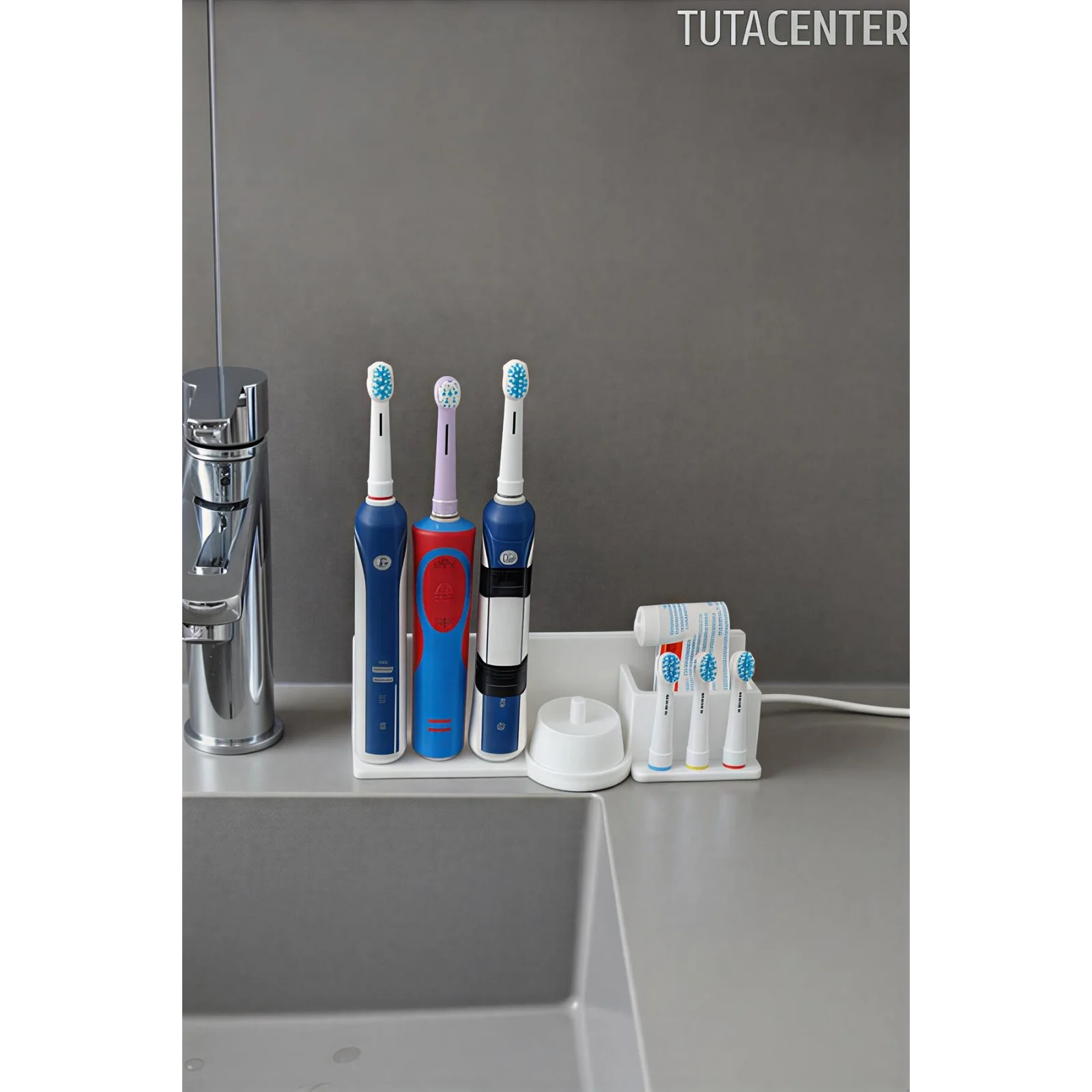 Şarjlı Diş Fırçası Tutucu Stand ( 3 Diş Fırçalık Yuvası - 3 Başlık Yuvası - Diş Macunu Yuvalı )