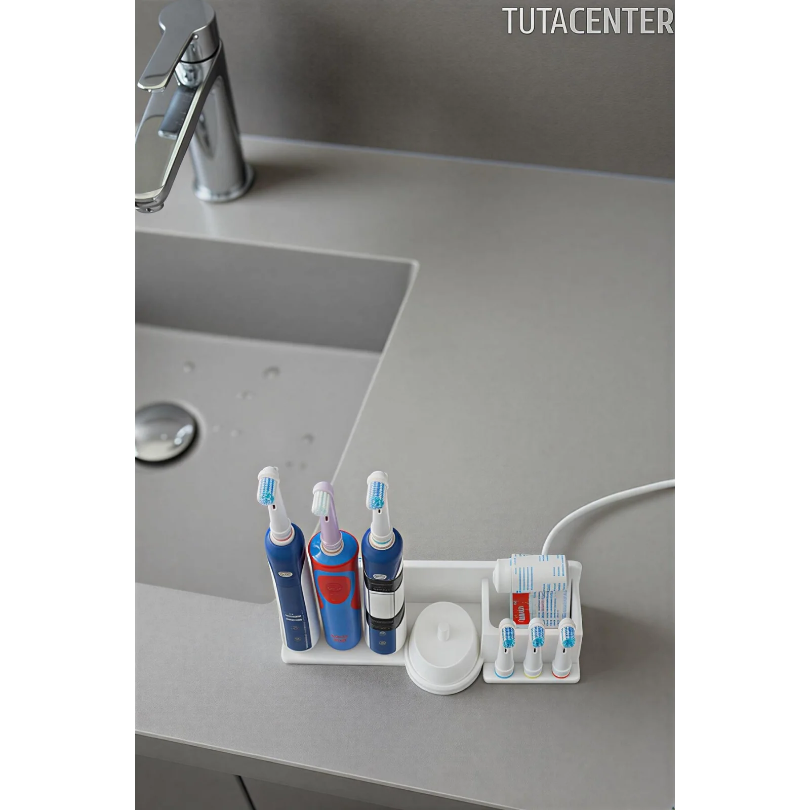 Şarjlı Diş Fırçası Tutucu Stand ( 3 Diş Fırçalık Yuvası - 3 Başlık Yuvası - Diş Macunu Yuvalı )