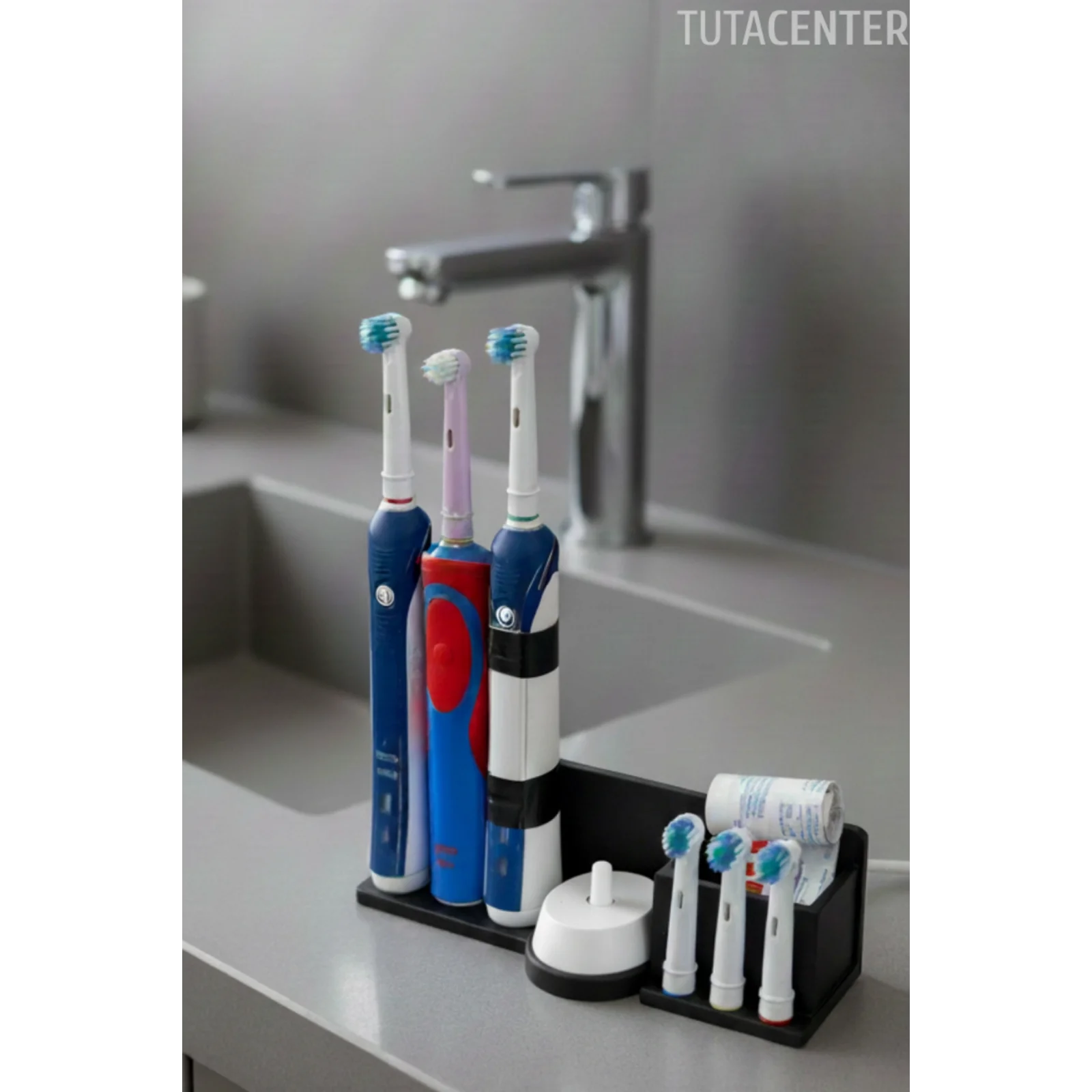 Şarjlı Diş Fırçası Tutucu Stand ( 3 Diş Fırçalık Yuvası - 3 Başlık Yuvası - Diş Macunu Yuvalı )