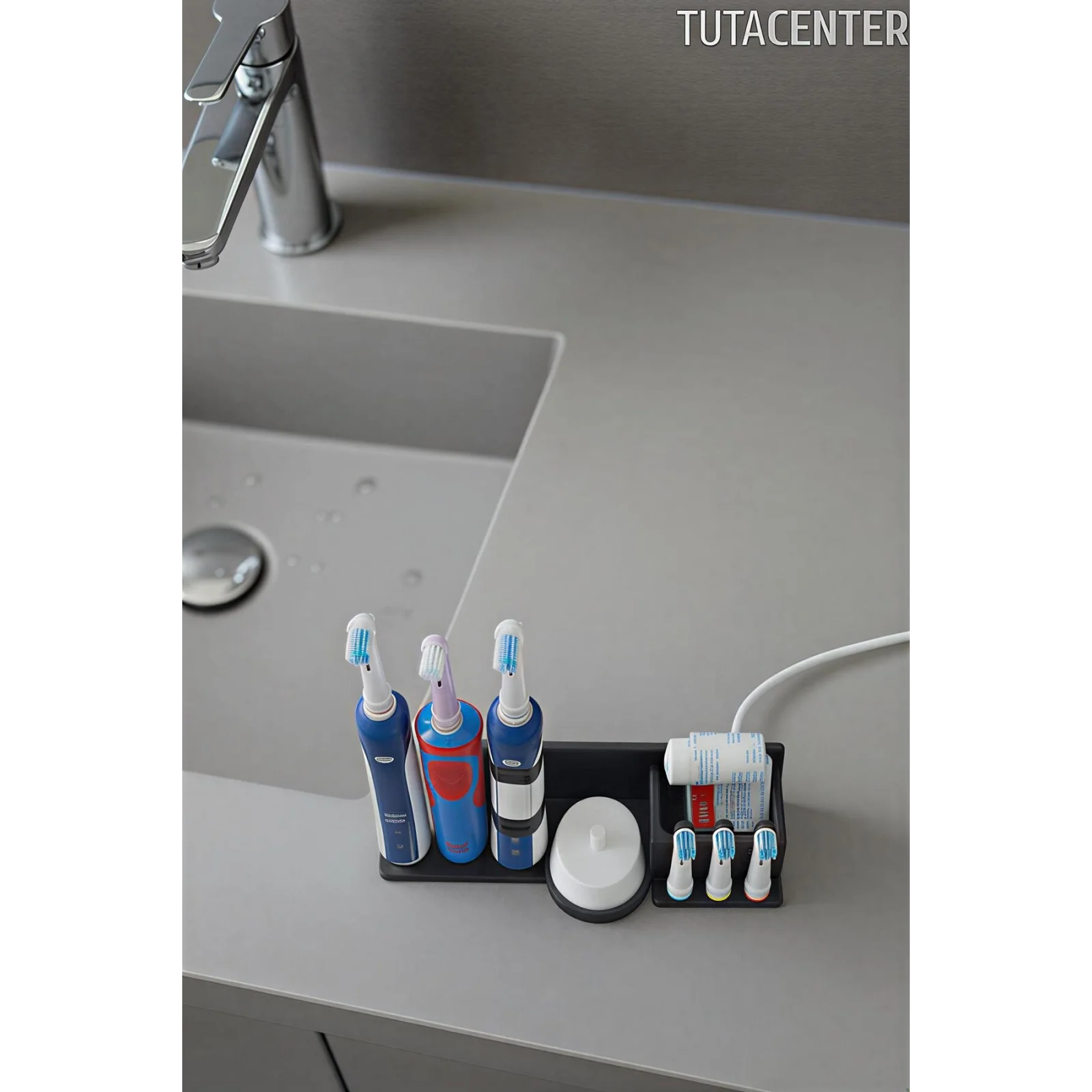Şarjlı Diş Fırçası Tutucu Stand ( 3 Diş Fırçalık Yuvası - 3 Başlık Yuvası - Diş Macunu Yuvalı )