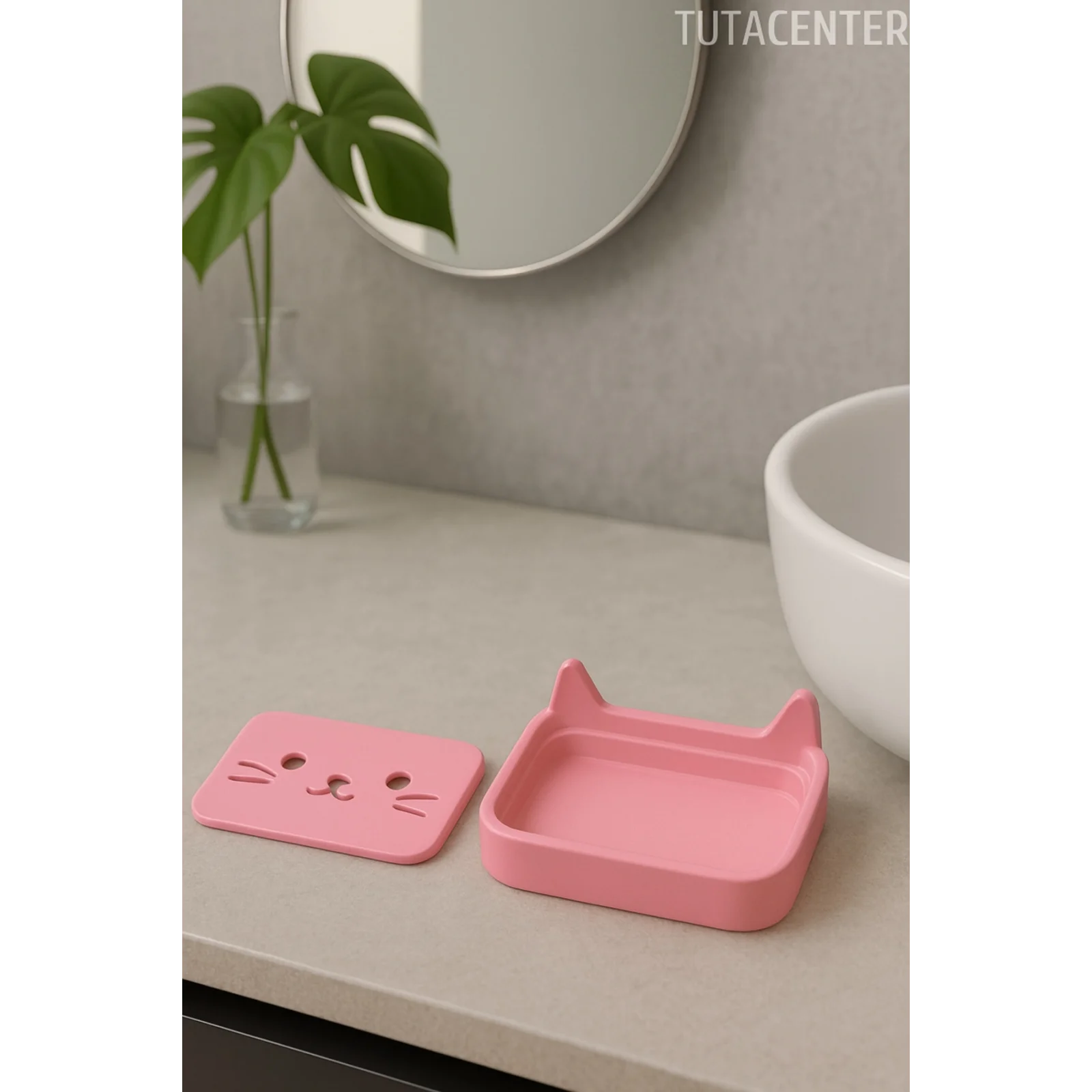 Kedi Sabunluk Standı – Su Tahliyeli, Dayanıklı Plastik Banyo Ürünü