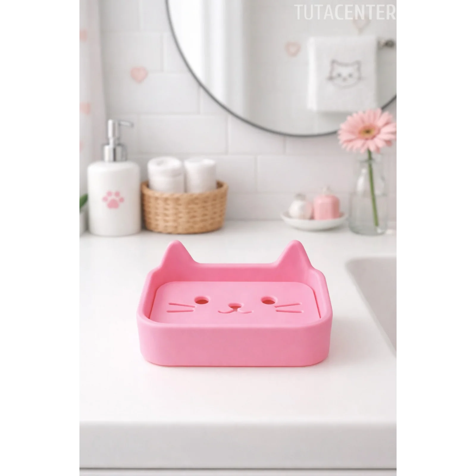 Kedi Sabunluk Standı – Su Tahliyeli, Dayanıklı Plastik Banyo Ürünü