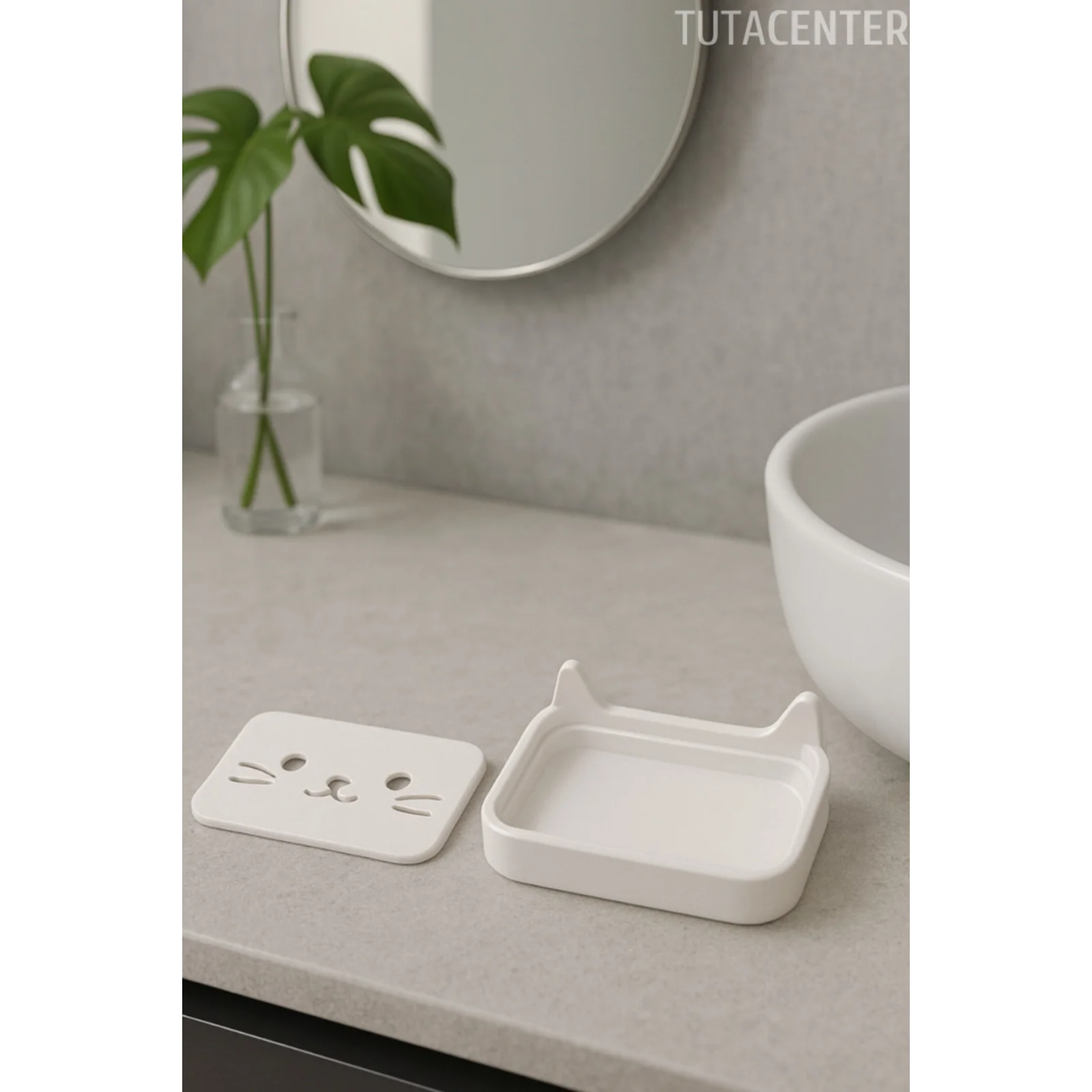 Kedi Sabunluk Standı – Su Tahliyeli, Dayanıklı Plastik Banyo Ürünü