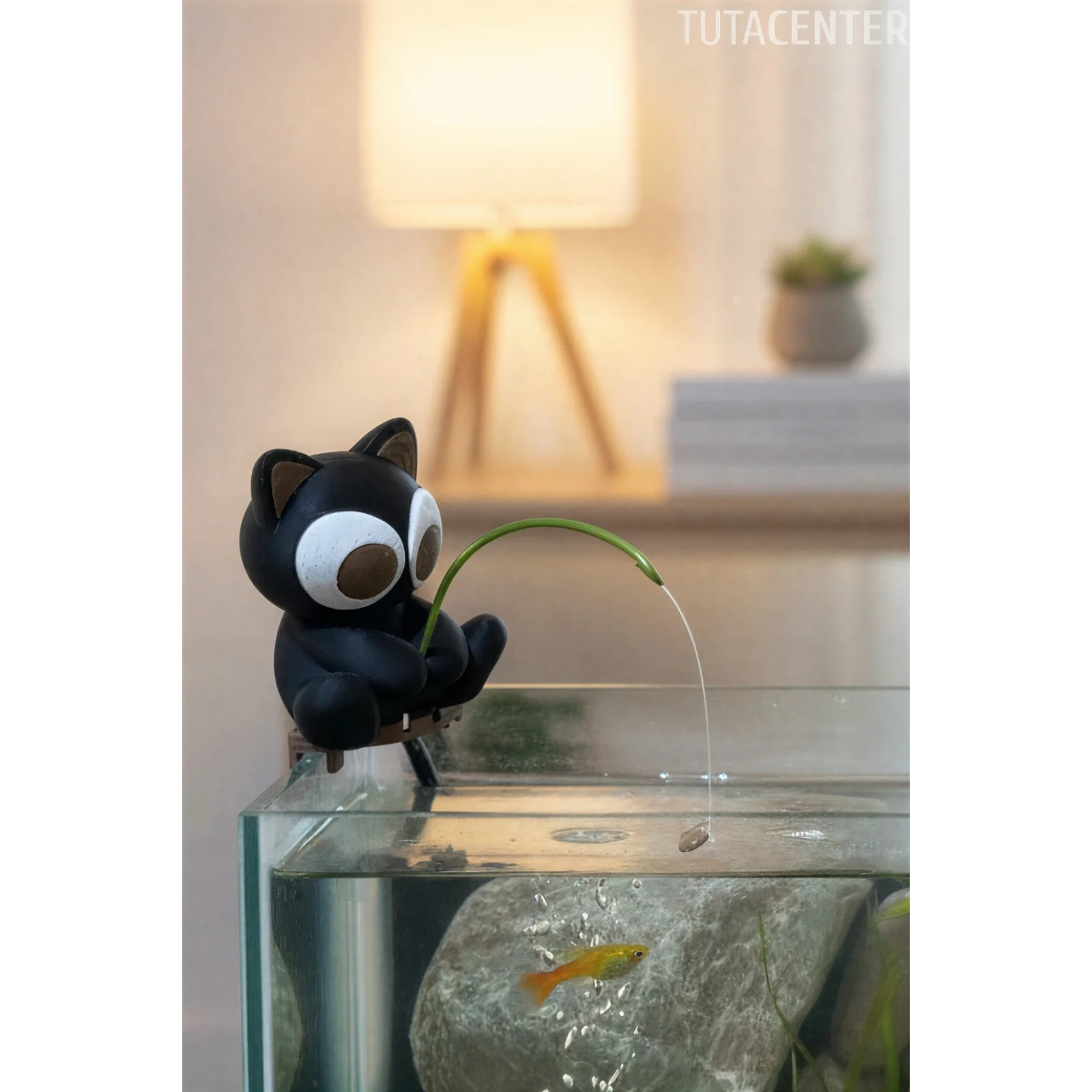 Balık Tutan Sevimli Kedi - Akvaryum Dekoratif Aksesuar - Akvaryum Dekoru