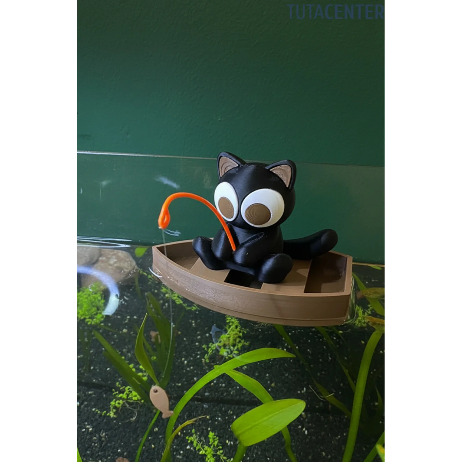 Tekneli Balık Tutan Sevimli Kedi - Akvaryum Dekoratif Aksesuar - Akvaryum Dekoru