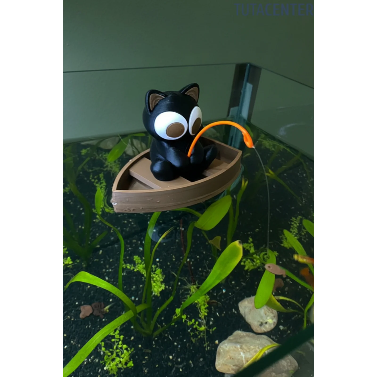 Tekneli Balık Tutan Sevimli Kedi - Akvaryum Dekoratif Aksesuar - Akvaryum Dekoru