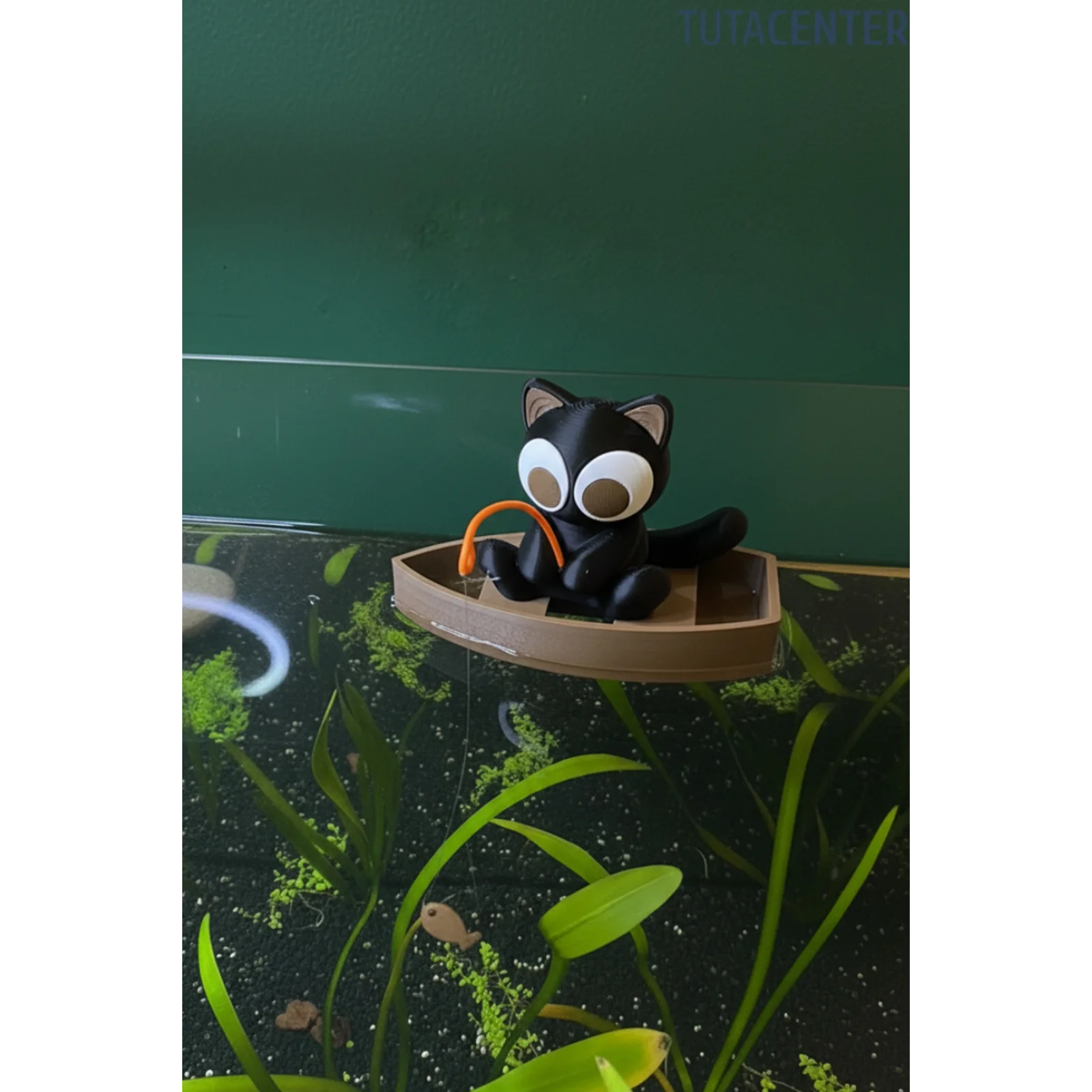 Tekneli Balık Tutan Sevimli Kedi - Akvaryum Dekoratif Aksesuar - Akvaryum Dekoru