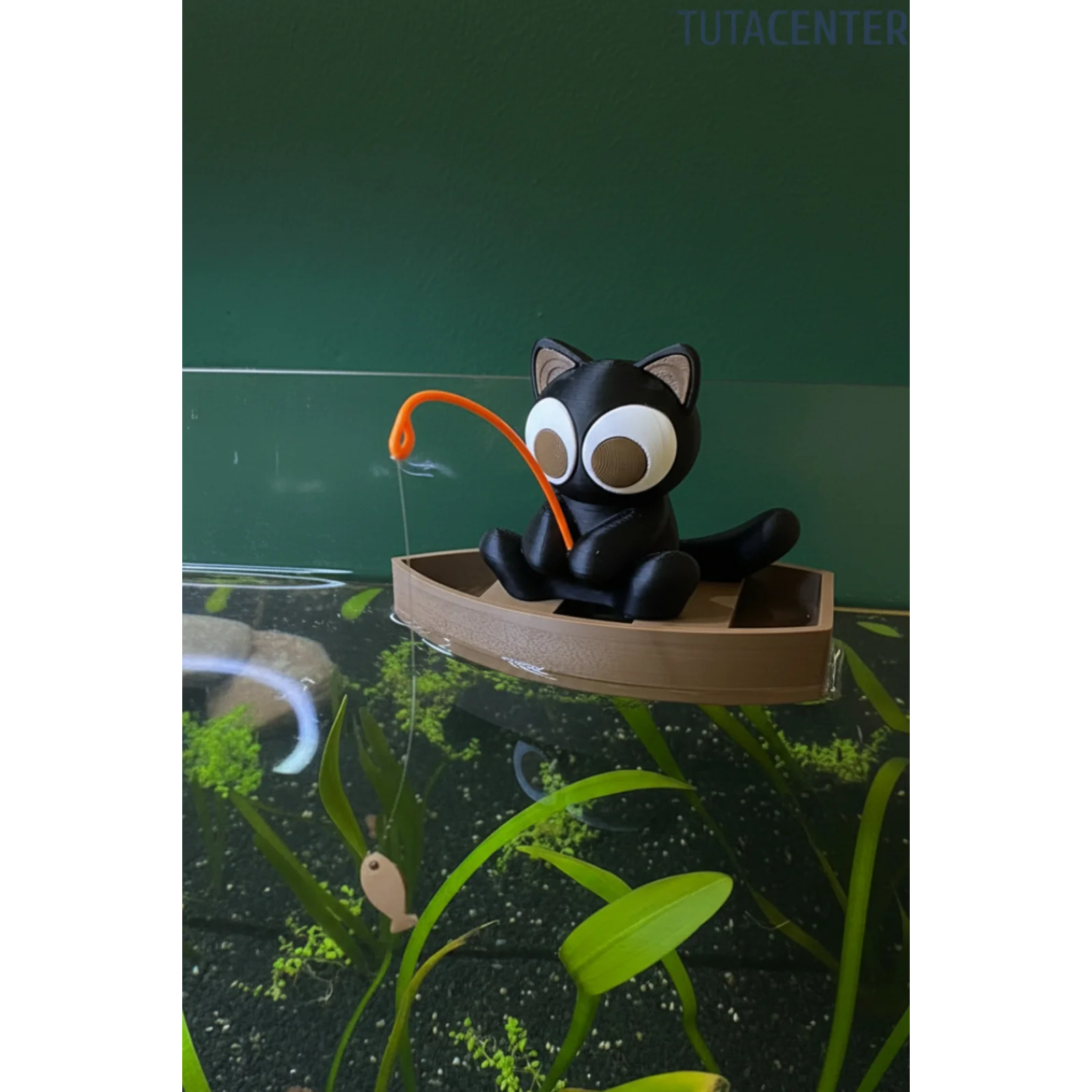 Tekneli Balık Tutan Sevimli Kedi - Akvaryum Dekoratif Aksesuar - Akvaryum Dekoru
