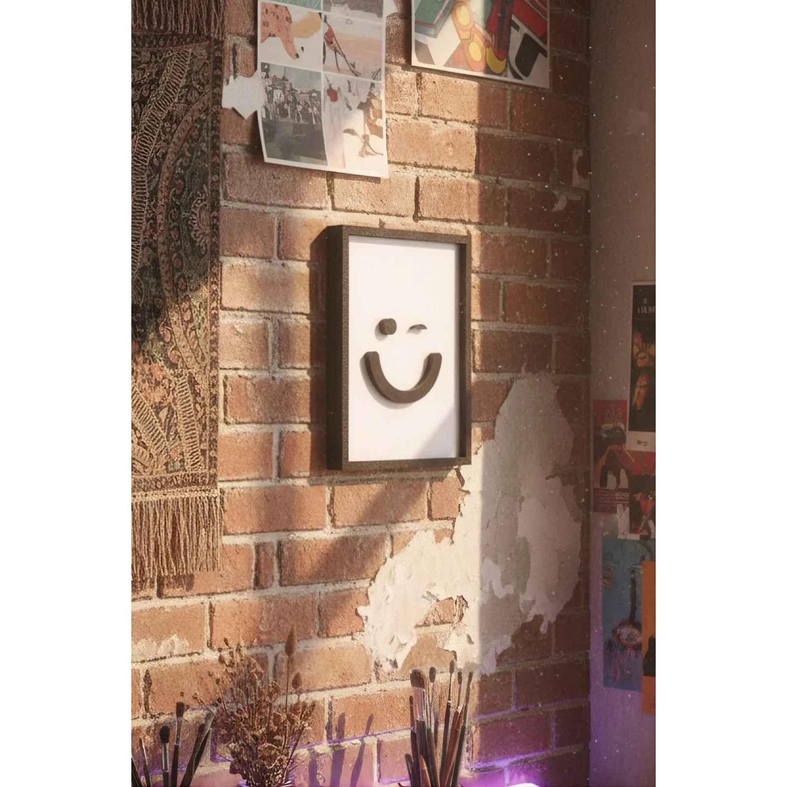 Minimal Göz Kırpan Surat Tablo 12x15 cm | Dekoratif Emoji Duvar Süsü | Modern Smiley Tablo | Estetik Ev & Ofis Dekoru