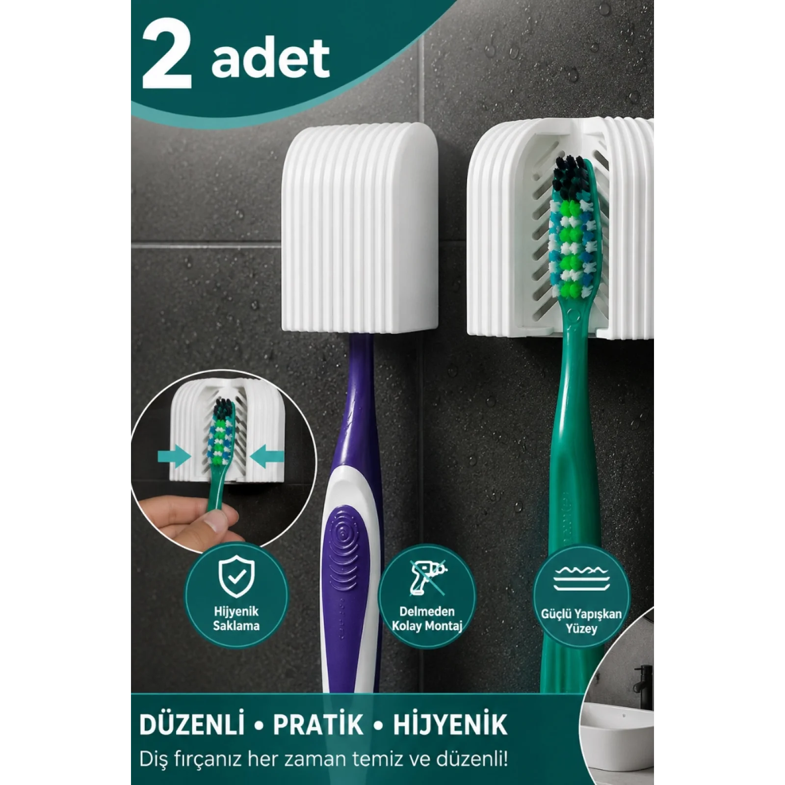 2’li Diş Fırçası Tutucu | Yapışkanlı Duvar Tipi Hijyenik Diş Fırçalık | Delmeden Montajlı Pratik Banyo Organizeri